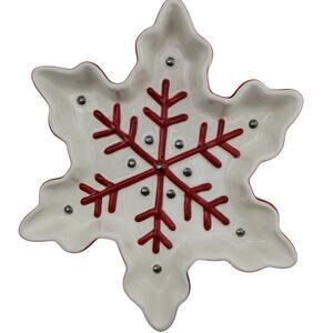 Hallmark Christmas Candy Nut Dish Red White Silvertone Snowflake 8" Ceramic
